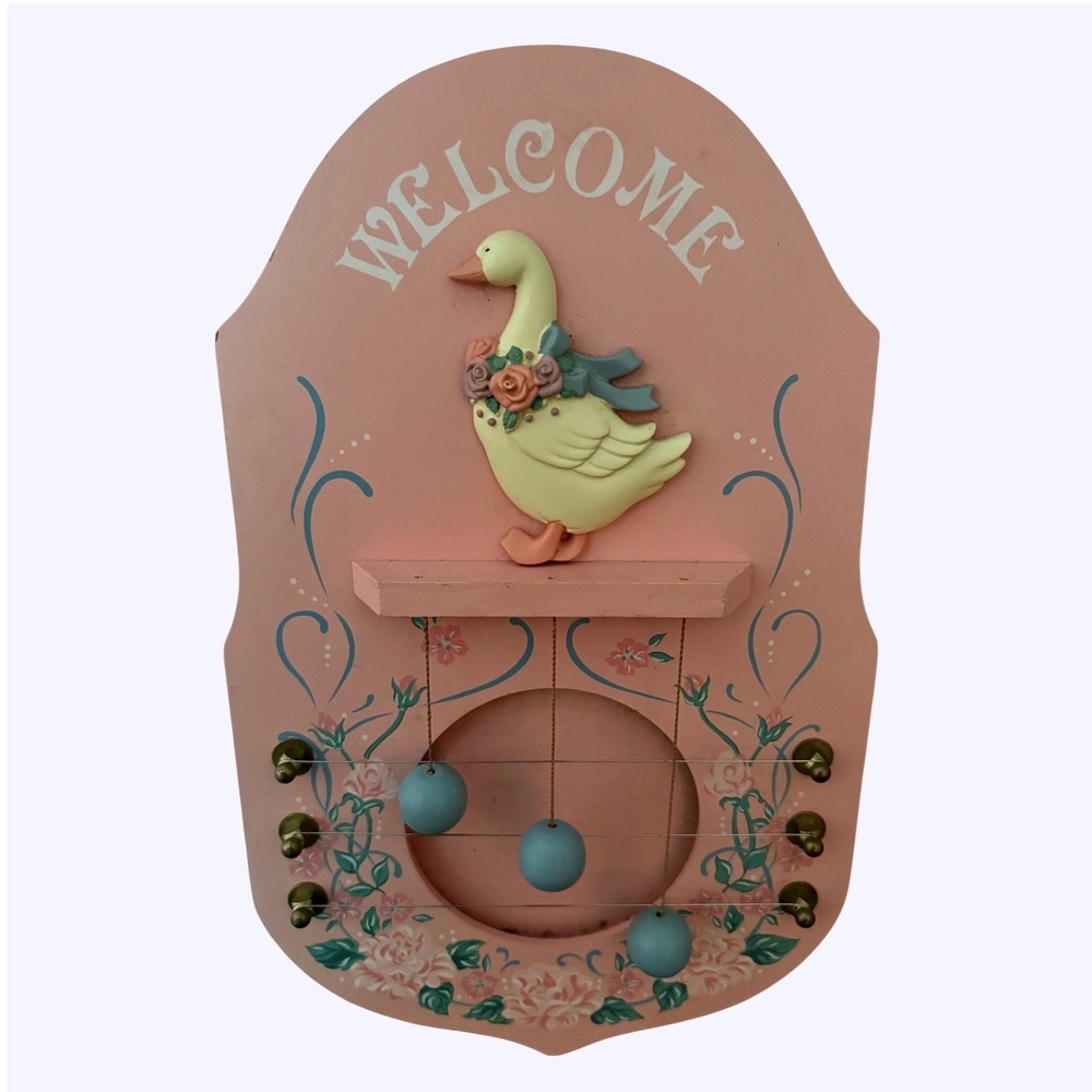 Vintage Folk Art Goose Door Bell Chime Pink Wooden Welcome Wall Plaque Floral